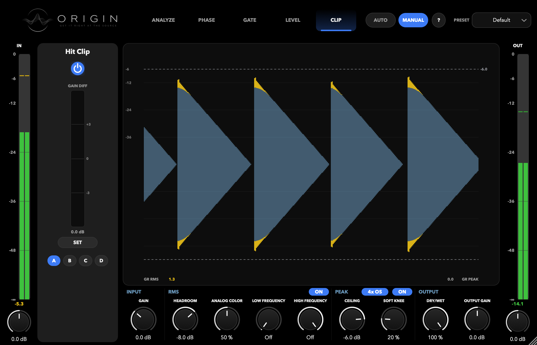 Origin's Clip screen — a drum waveform with the clipped peaks marked in amber, a gain-difference meter, and the full control row.