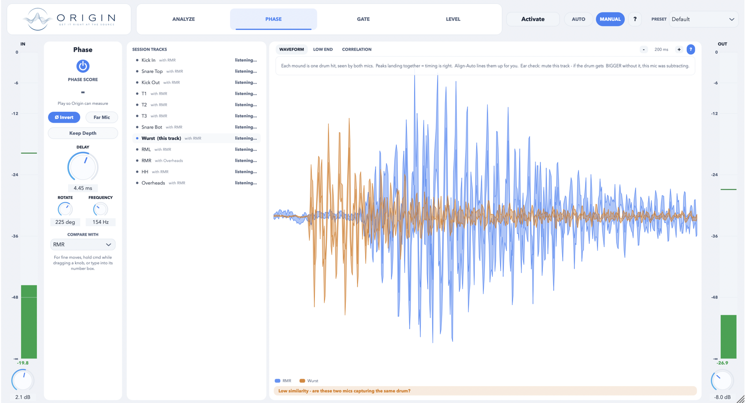 Origin Phase compare — two drum mics (RMR and Wurst) overlaid to reveal timing and polarity
