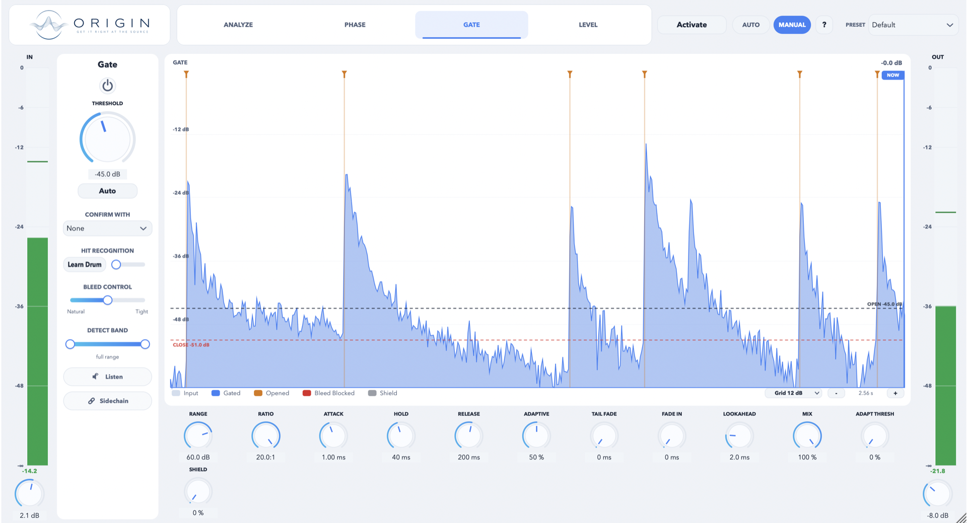 The Origin plugin — Gate screen showing the gate envelope over a drum waveform, meters and controls.
