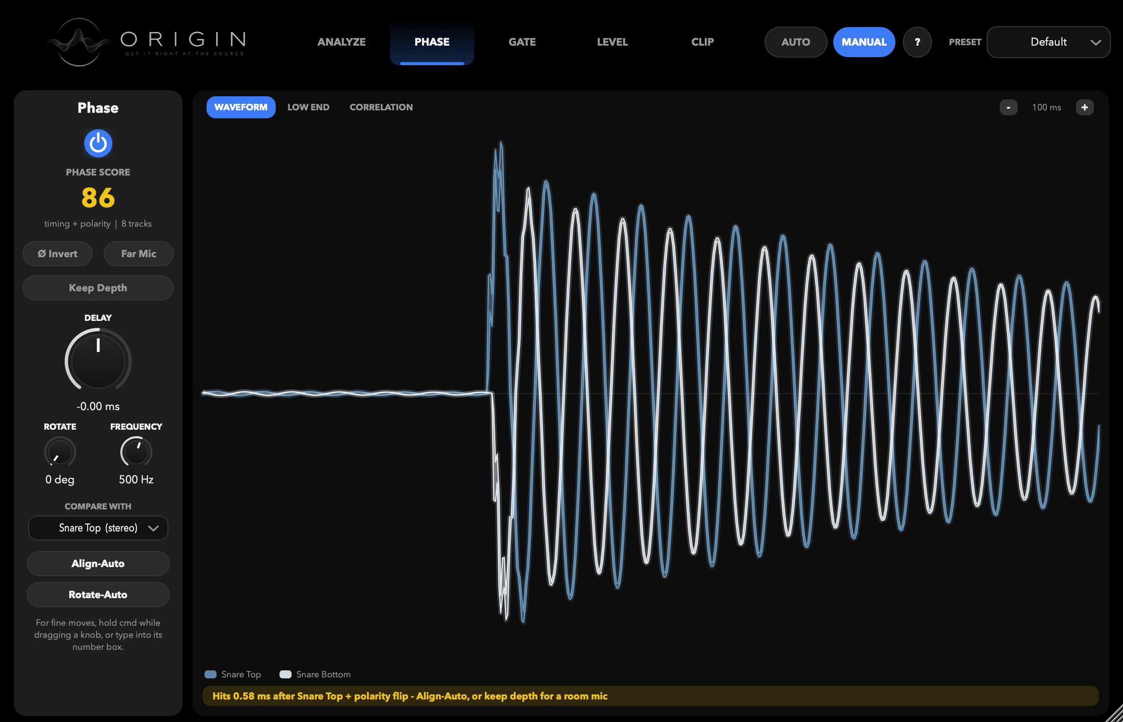 The Origin plugin — the Phase screen, a snare top and snare bottom mic drawn over each other so the timing and polarity difference is visible.